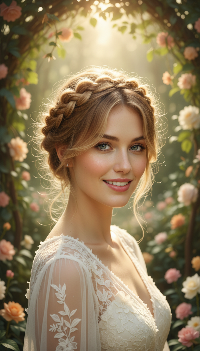 Braided Crown Updo with Side-Swept Bangs