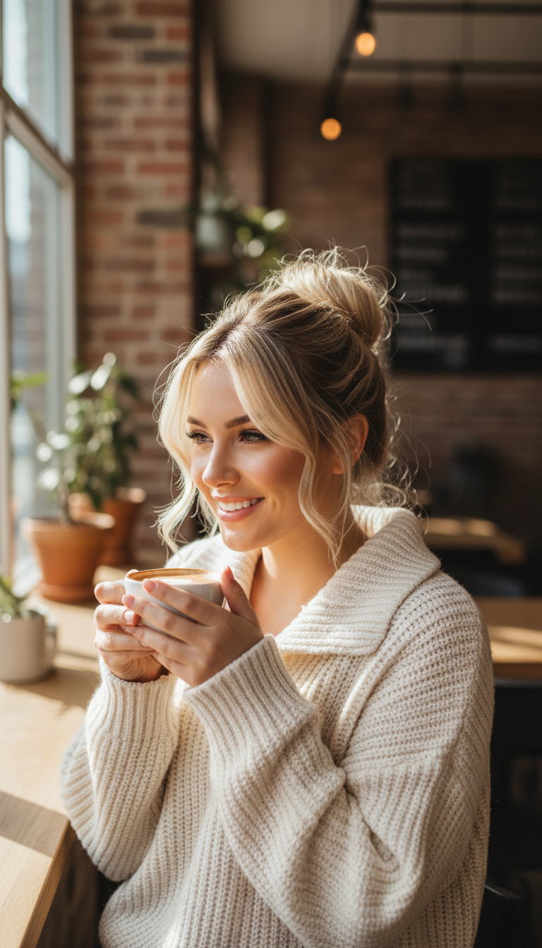 Effortless Messy Bun with Curtain Bangs