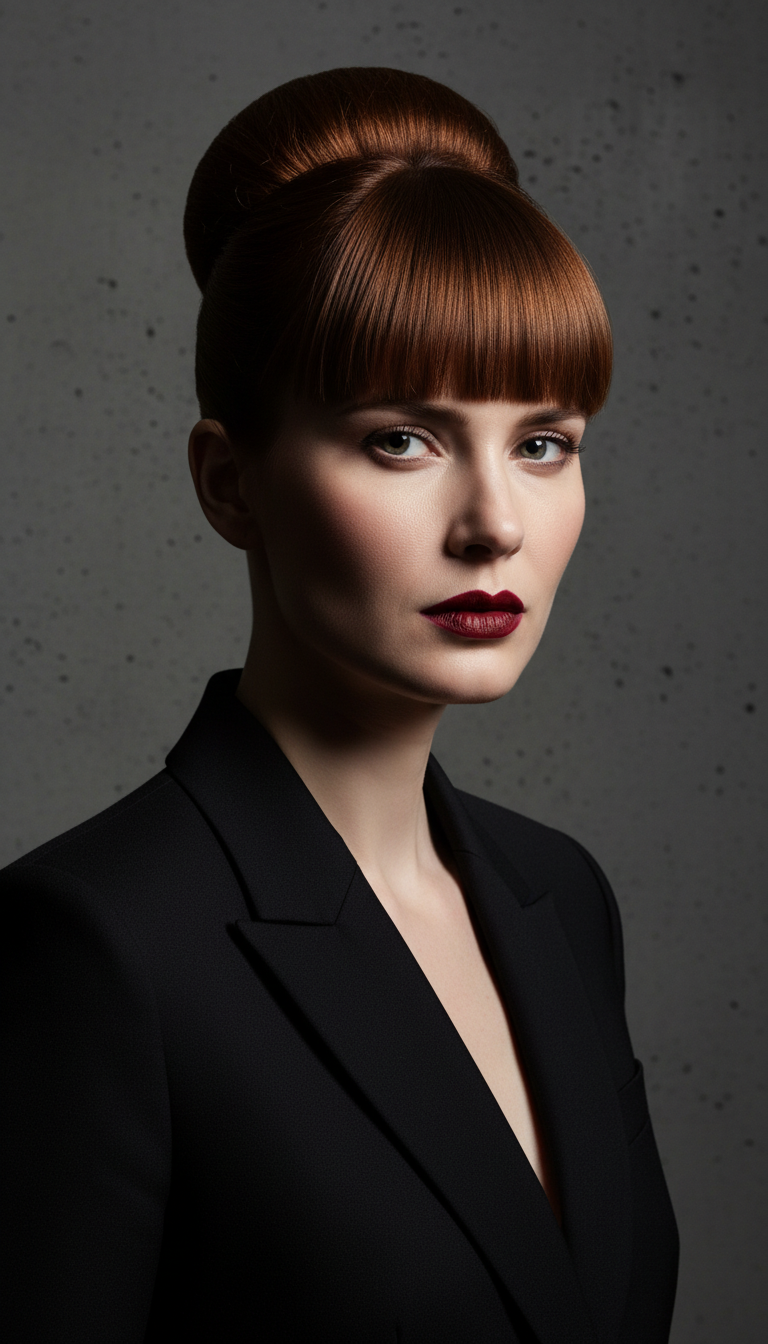Sleek French Twist with Blunt Bangs