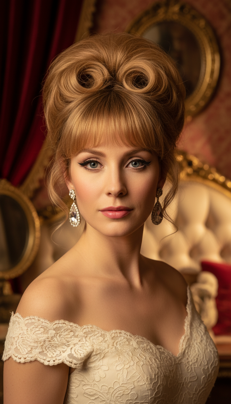 Vintage Bouffant Updo with Bardot Bangs