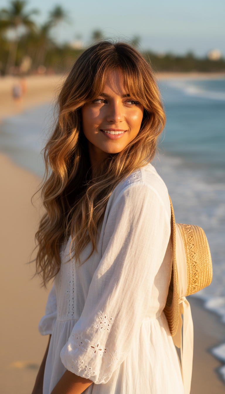 Wavy Curtain Bangs with Beachy Hair