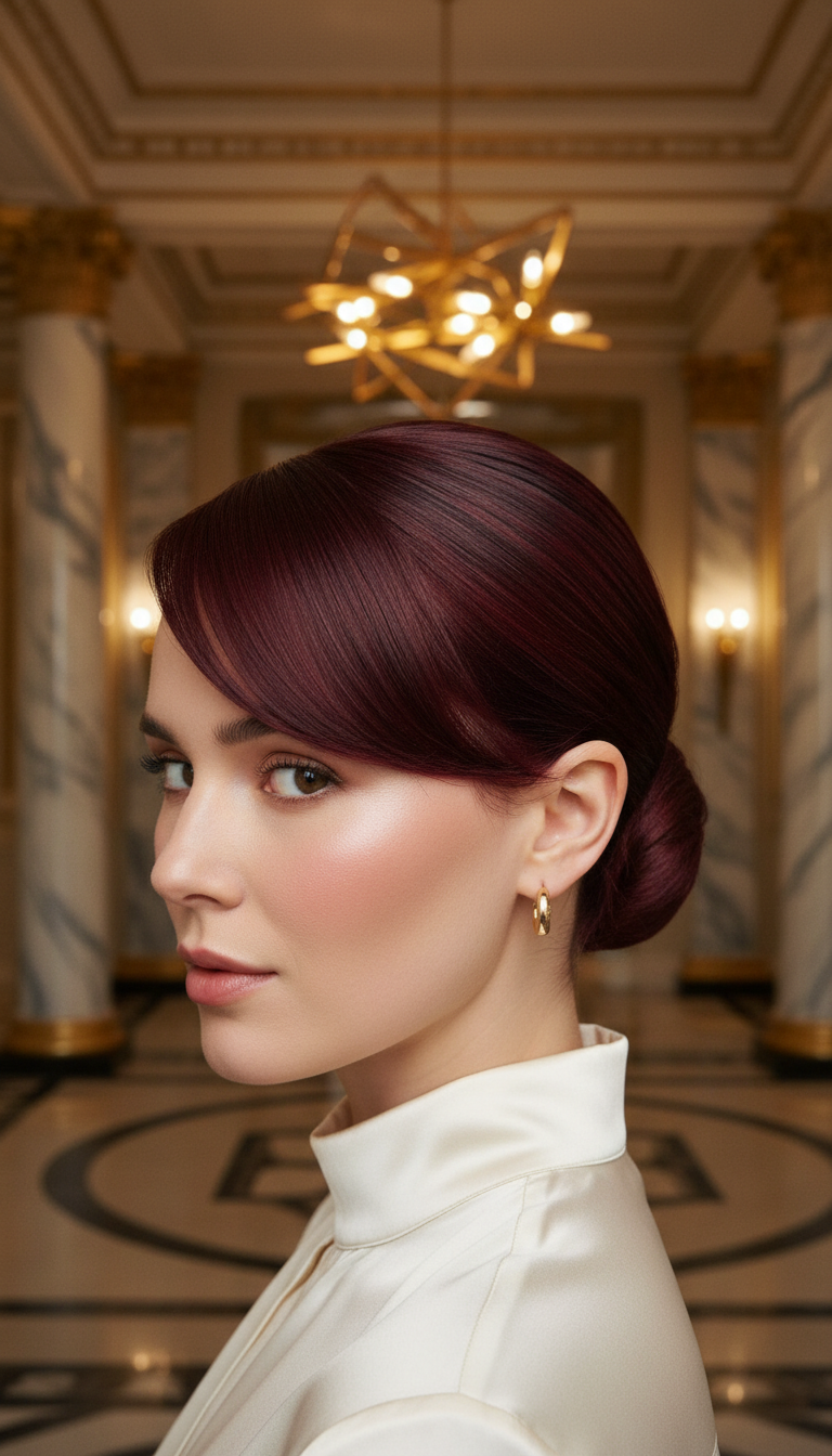 Elegant Low Bun with Side-Swept Bangs