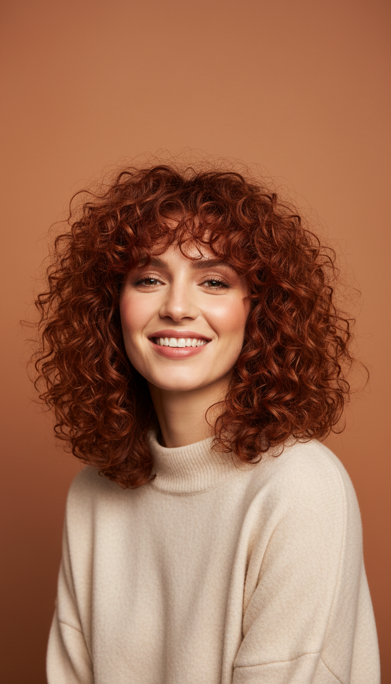 Vibrant Curly Shag with Curly Bangs
