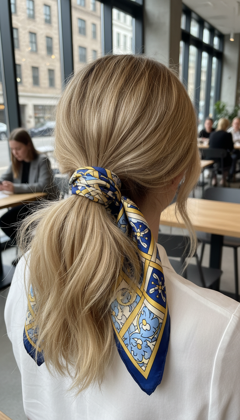 Textured Ponytail with a Chic Scarf